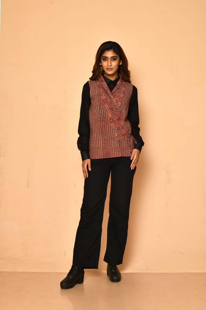 Red cotton Ajrakh natural dye shawl jacket for women view 4