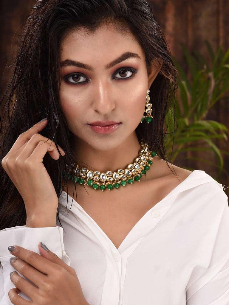 Gold Plated Green & White Kundan studded Beaded Choker Jewellery Set view 3