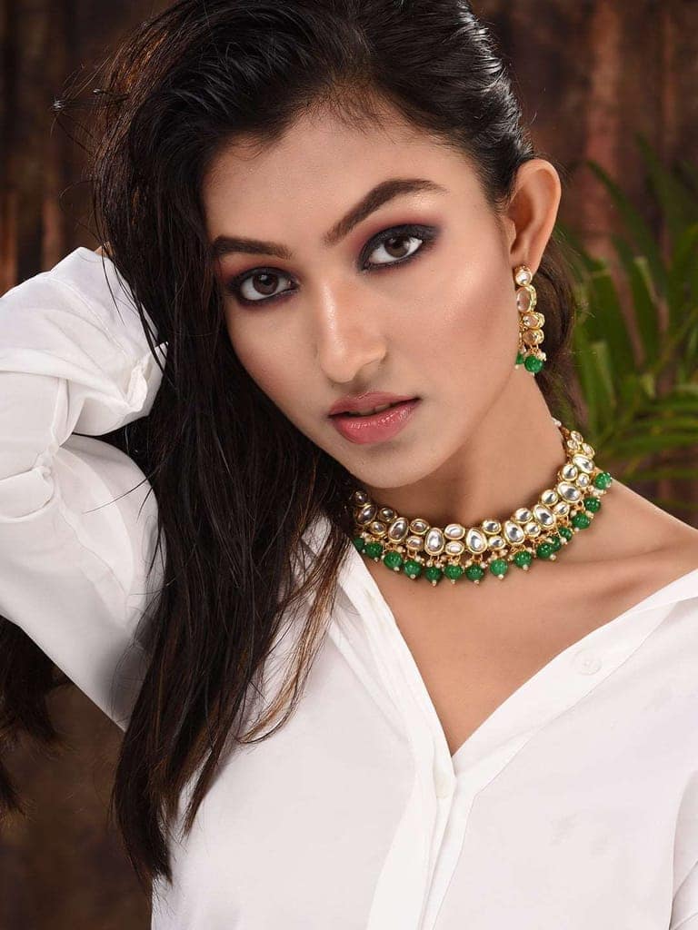 Gold Plated Green & White Kundan studded Beaded Choker Jewellery Set view 4