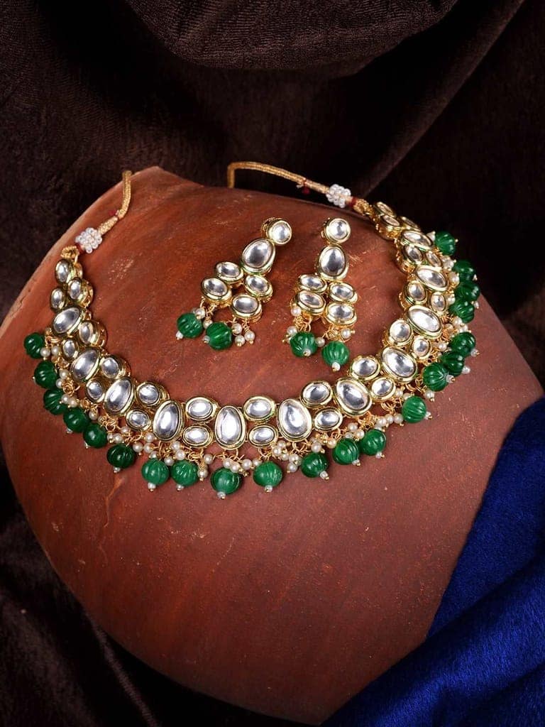 Gold Plated Green & White Kundan studded Beaded Choker Jewellery Set view 5