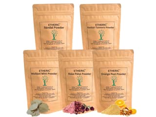 DIY FACE PACK / MASK by ETHERIC (Combo Pack of Sandal ,Rose Petal, Orange Peel , Kasturi Turmeric & Multani Mitti Powder -(5x75 Grams)