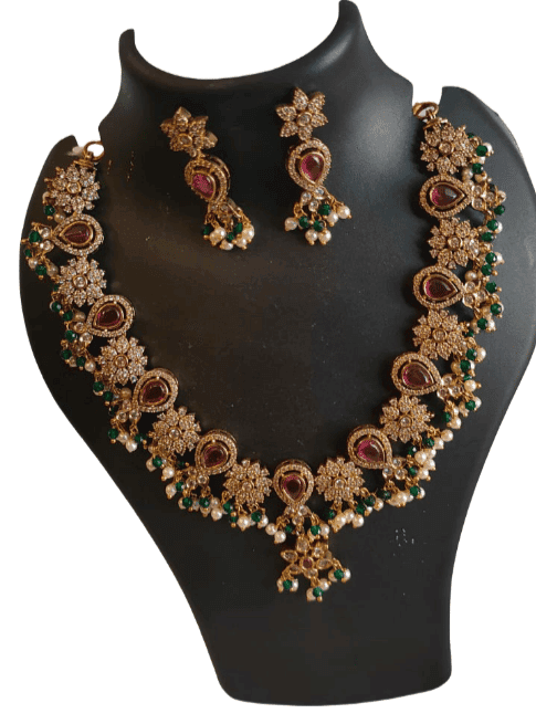 Antique Gold Plated Floral Kundan & Ruby Emerald Stone Choker Necklace Set