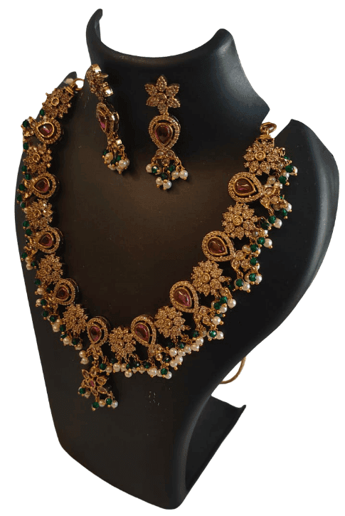 Antique Gold Plated Floral Kundan & Ruby Emerald Stone Choker Necklace Set view 3