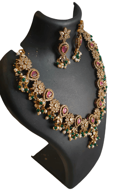 Antique Gold Plated Floral Kundan & Ruby Emerald Stone Choker Necklace Set view 4