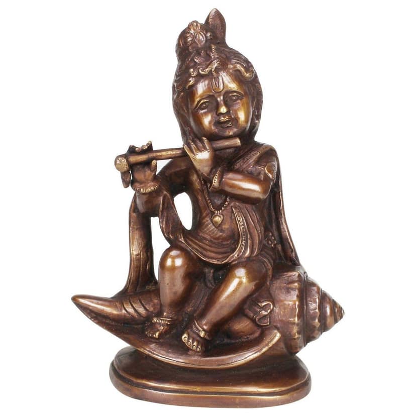 ARTVARKO Brass Metal Multicolor Small Size Krishna Statue Idol Sitting On Conch Shankh with Flute for Blessing Home Decor Pooja Mandir Height 8 Inch