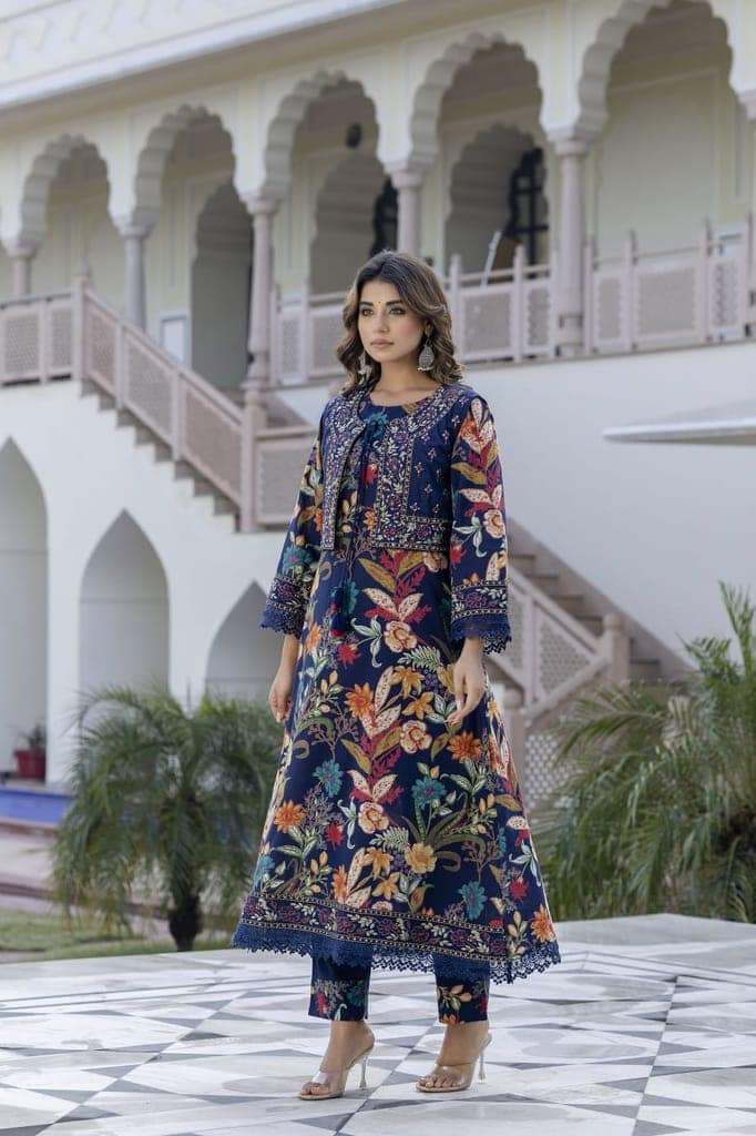 Navy Blue Floral Embroidered Suit Set view 2