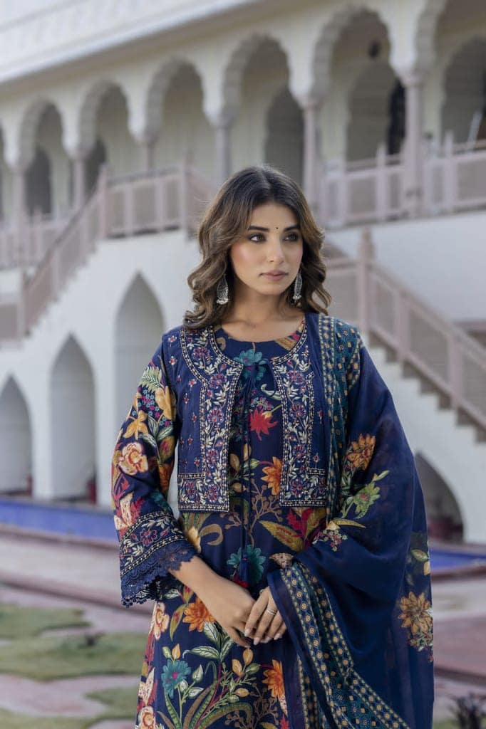 Navy Blue Floral Embroidered Suit Set view 3