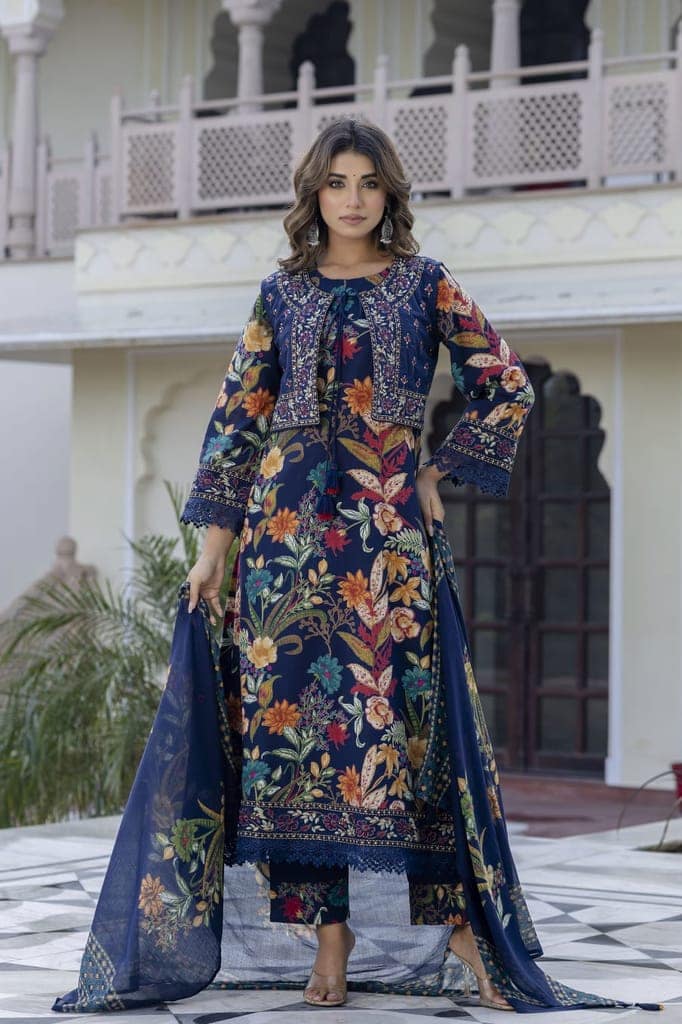 Navy Blue Floral Embroidered Suit Set view 4