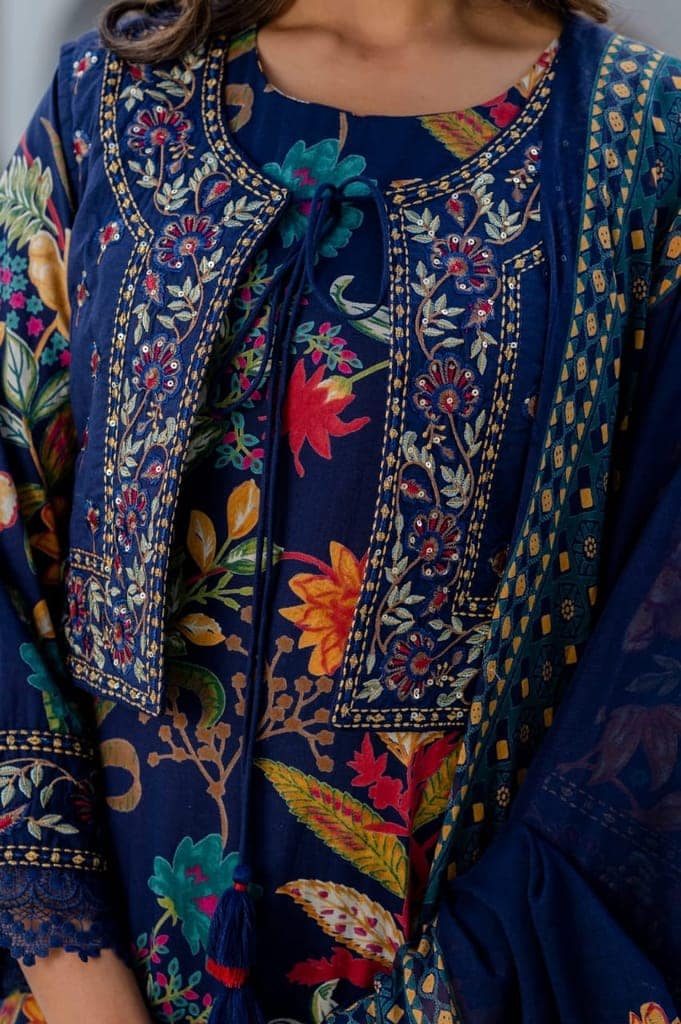 Navy Blue Floral Embroidered Suit Set view 5