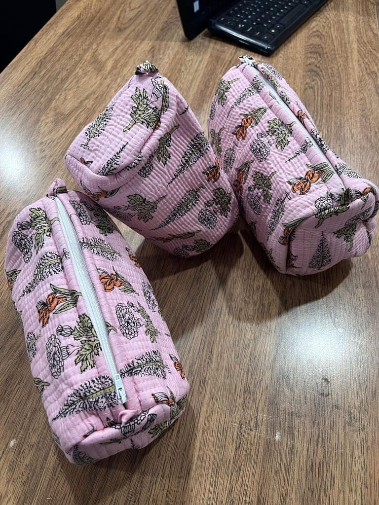 Pink Floral Print Cosmetic Bags Set of 3, Zippered Cotton Fabric Bags, 3 Pieces, Travel Organizer view 2