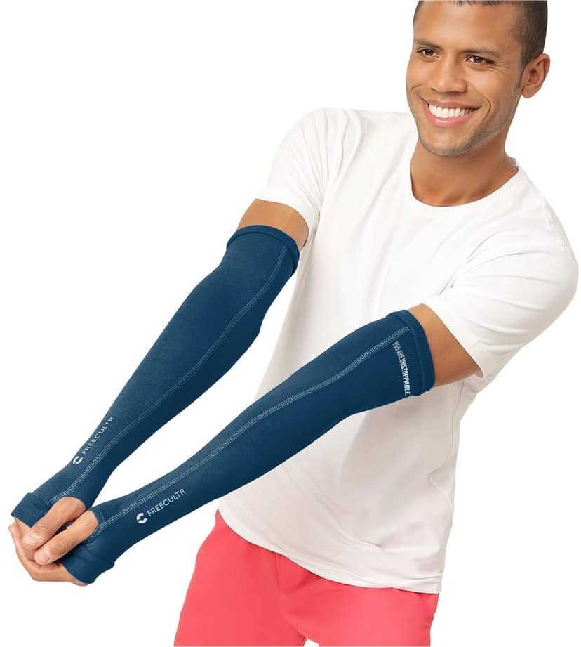 FREECULTR Unisex Breatheable Bamboo Cotton Antibacterial Arm Sleeves with in Built Glove (Sapphire Blue Pack 1) view 4