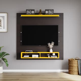 Shri Koorma Modern Brown and Yellow Wall-Mounted TV Unit with Shelving Suitable for 50 Inch TV
