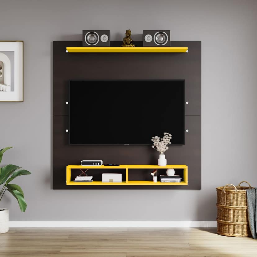 Shri Koorma Modern Brown and Yellow Wall-Mounted TV Unit with Shelving Suitable for 50 Inch TV