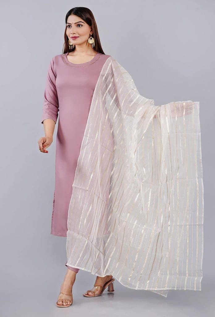 MANMAYEE Women's Chanderi Rayon Straight Kurti With Pant & Chiffon Dupatta | Chanderi Kurti Set view 9
