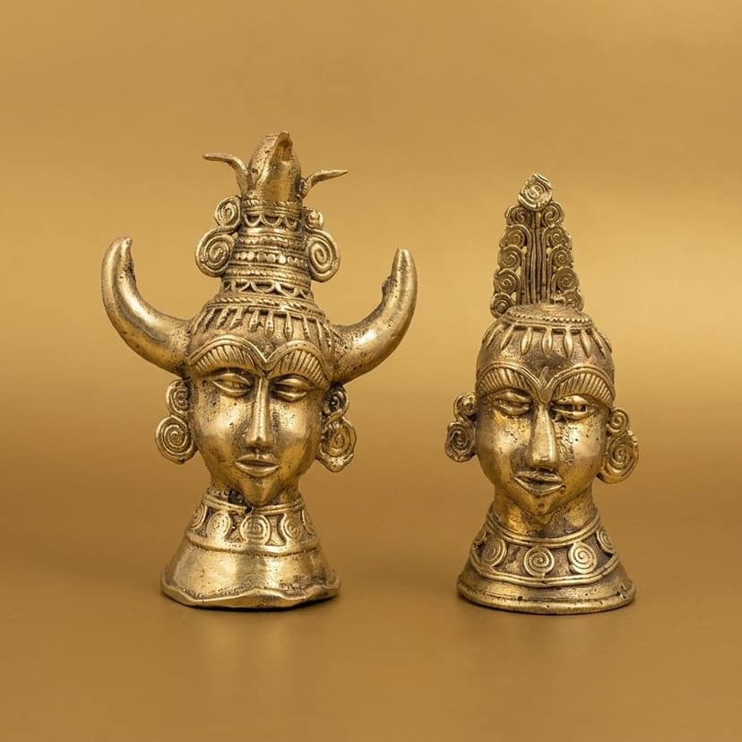 Vintage Handcrafted Brass Goddess Figurine with Horns and Scrolls