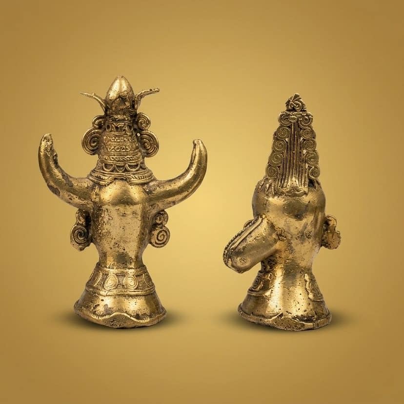 Vintage Handcrafted Brass Goddess Figurine with Horns and Scrolls view 2