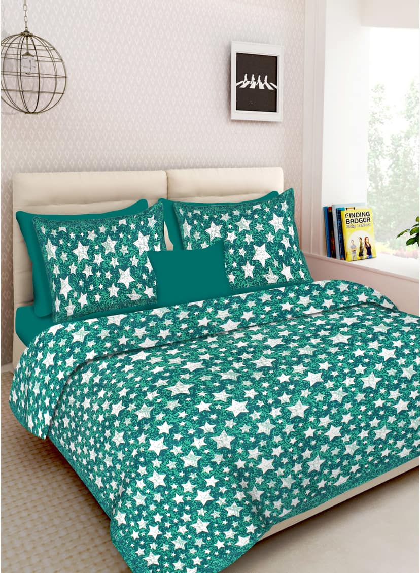 Lali Prints Jaipuri Green Printed Cotton 130 TC Queen Bedsheet with 2 Pillow Covers