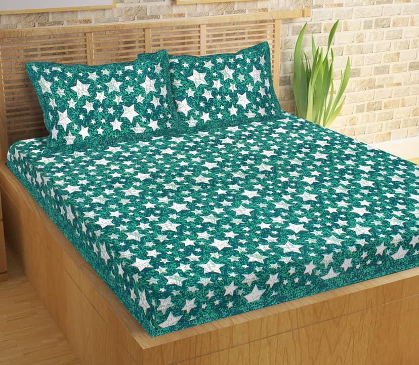 Lali Prints Jaipuri Green Printed Cotton 130 TC Queen Bedsheet with 2 Pillow Covers view 2