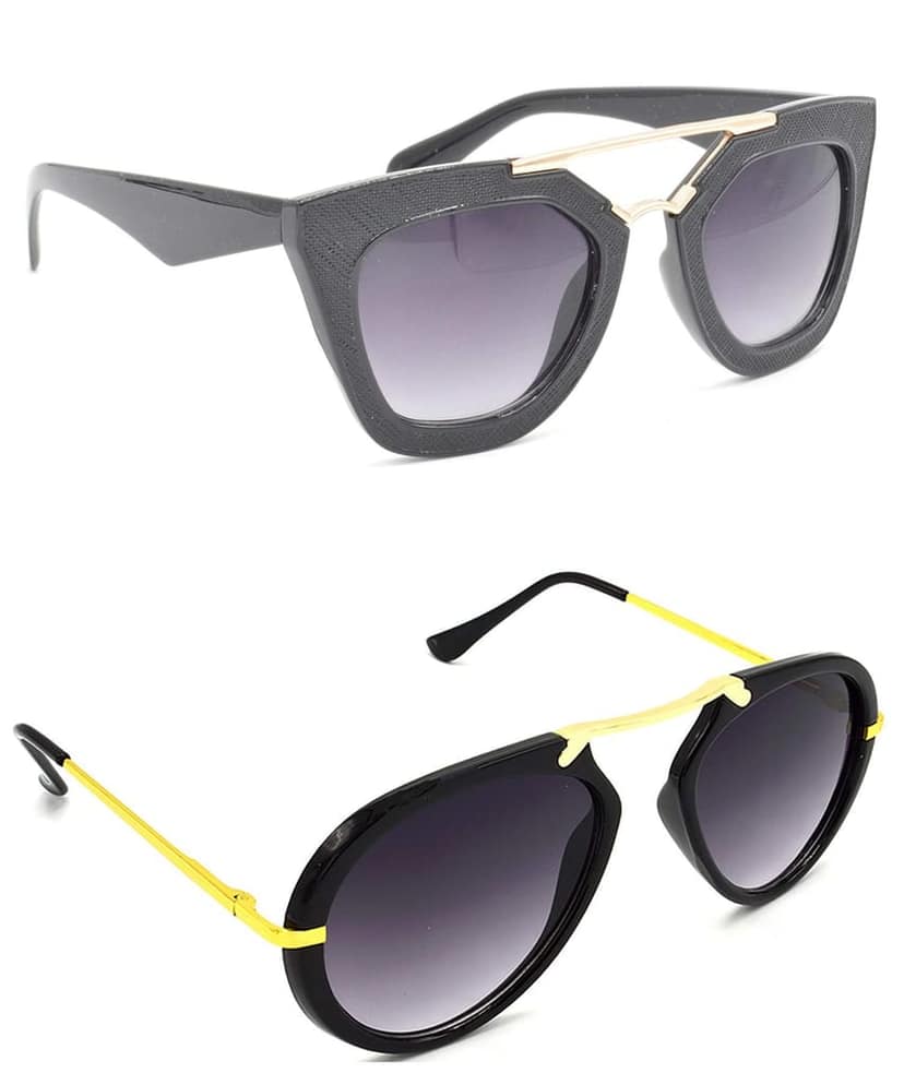HRINKAR Unisex Rectangular Sunglasses Golden Frame, Grey Lens (Medium) - Pack of 2