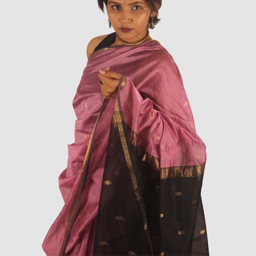 Grace in Rose and Black Maheshwari Handloom Saree view 2