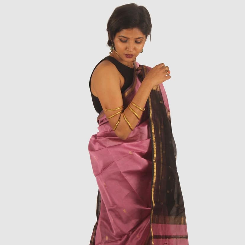 Grace in Rose and Black Maheshwari Handloom Saree view 3