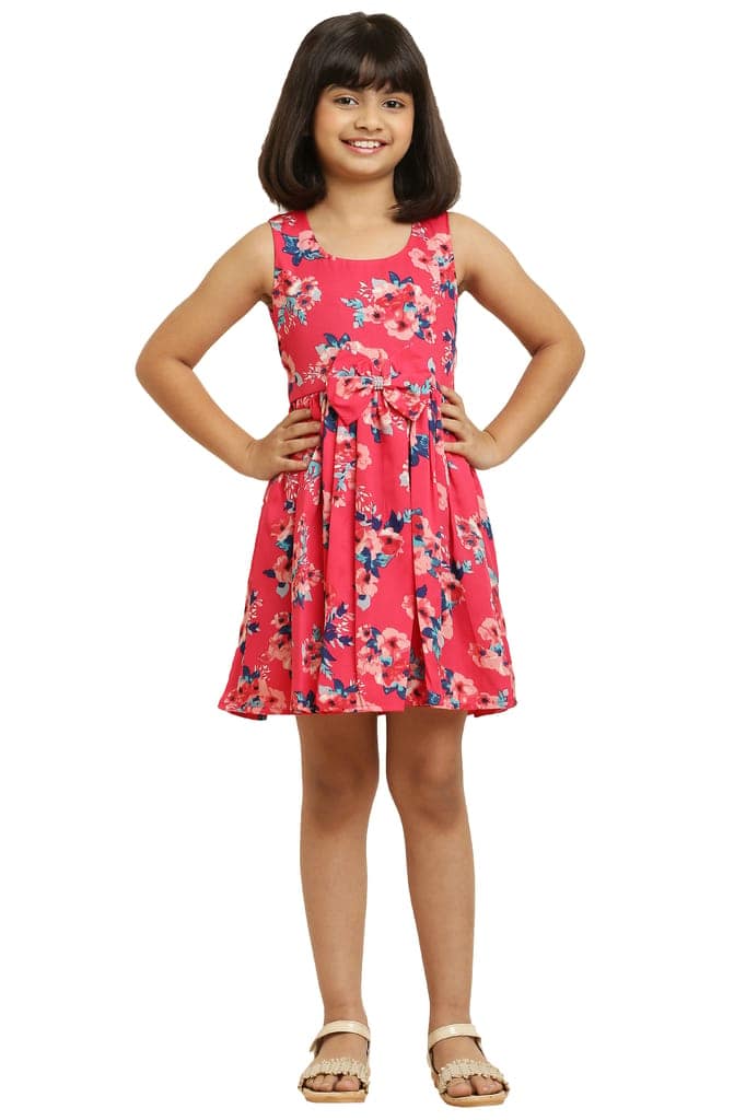 Stylish Pink Flower Printed Frock with Bow & for Girls.