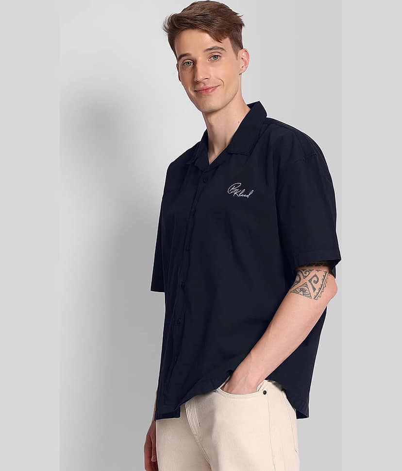Bene Kleed 100% Cotton Oversized Fit Embroidered Half Sleeves Men's Casual Shirt - Navy Blue ( Pack of 1 ) view 2