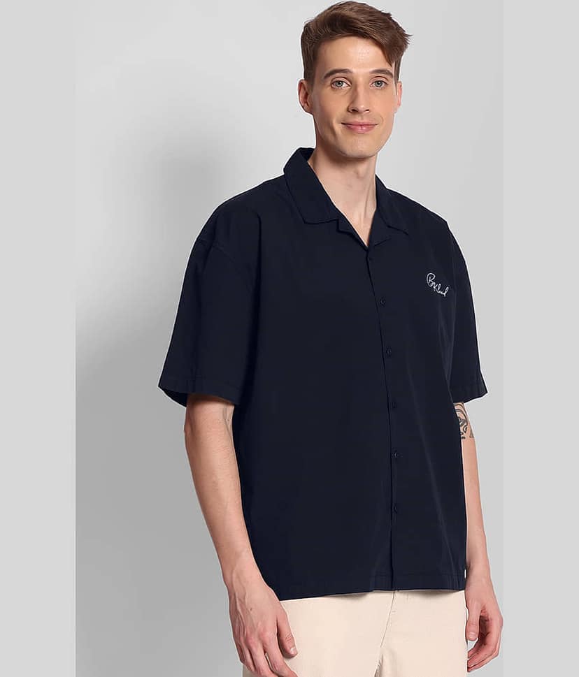 Bene Kleed 100% Cotton Oversized Fit Embroidered Half Sleeves Men's Casual Shirt - Navy Blue ( Pack of 1 ) view 3