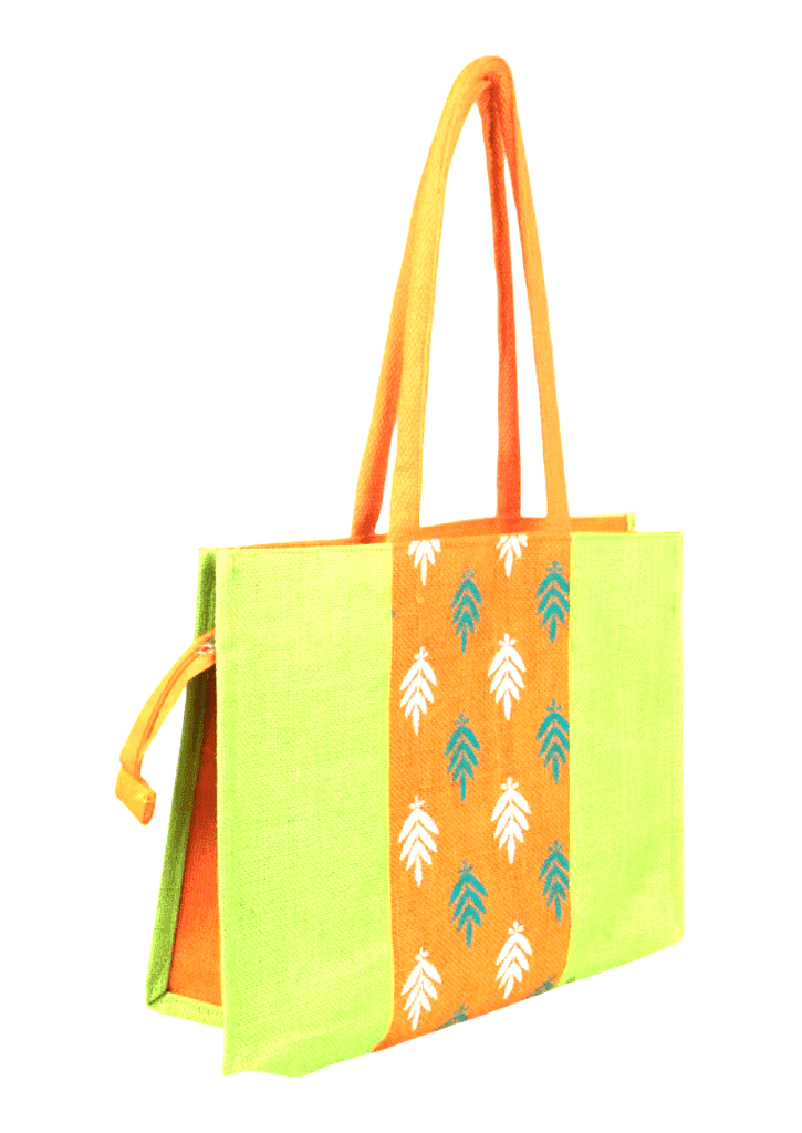 Vibrant Lime Green & Orange Jute Tote Bag with Leaf Print view 3
