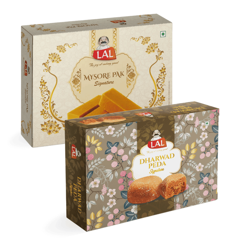 Lal Sweets Combo Pack of Mysore Pak Signature 400g and Dharwad Peda 400g || Made with Milk Solids and Cow Ghee || Delicious and Soft Indian Sweet || Traditional Taste of Mysuru || Indian Combo Mithai
