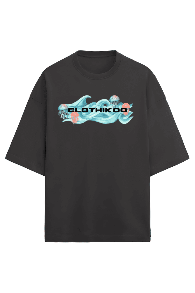 Clothikoo Oversized T-Shirt (JellyFish Print, 100% Cotton, 240 GSM, Black Colour) view 2