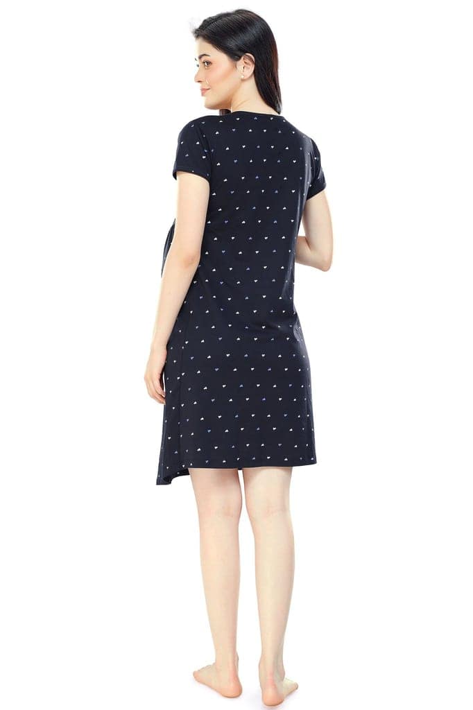 ZEYO Women Cotton Navy Blue Heart Print Maternity & Feeding Night Dress view 3