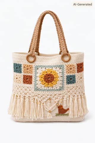 Embroidered Birdhouse and Tree Small Linen Bag with Lace Trim