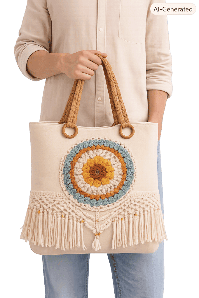 Embroidered Birdhouse and Tree Small Linen Bag with Lace Trim view 2