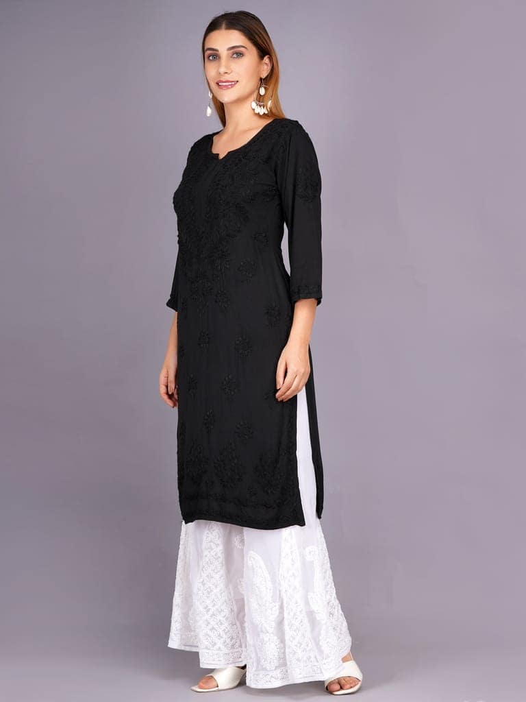 Mrs Right Women's Handcrafted Lucknow Chikankari Top | Premium 22 Kg Reyon Fabric |Black Embroidered Casual Ethnic Kurti view 2