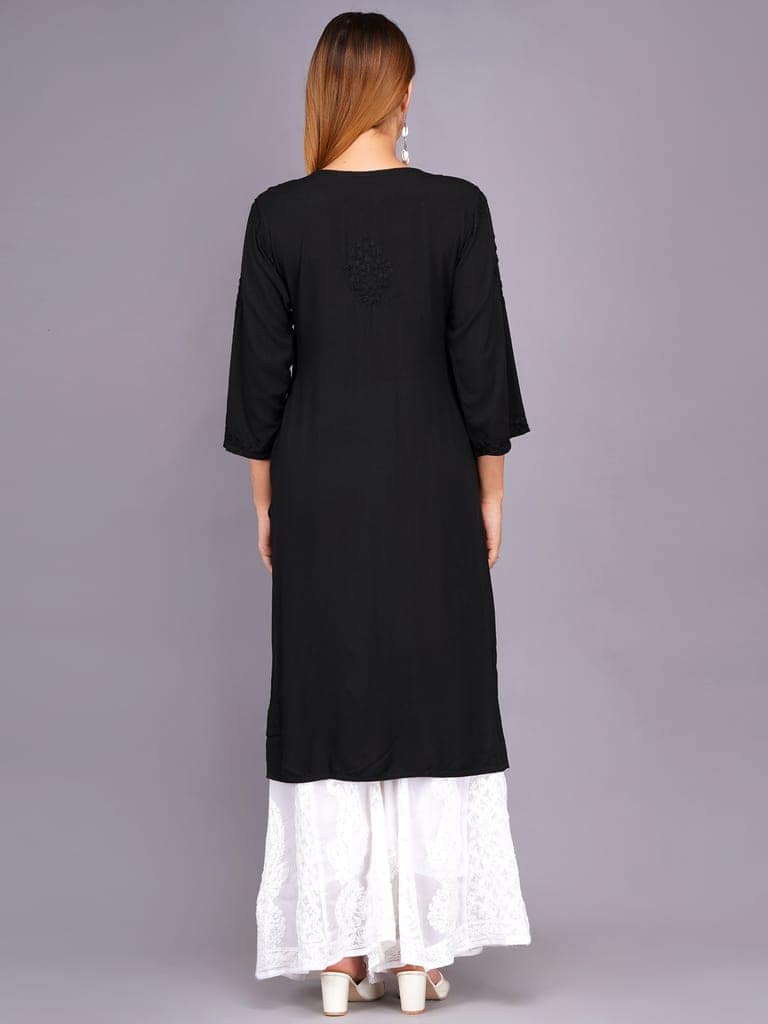 Mrs Right Women's Handcrafted Lucknow Chikankari Top | Premium 22 Kg Reyon Fabric |Black Embroidered Casual Ethnic Kurti view 4