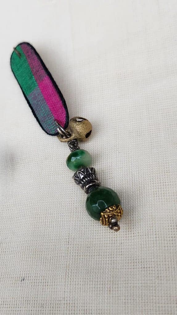Green and pink fabric earrings with bells and jade beads view 3