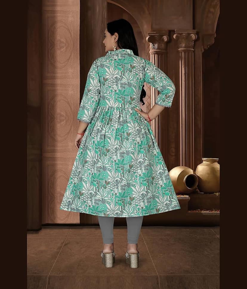 RIAANA Women Cotton Printed Anarkali Kurti ( Green ) view 2