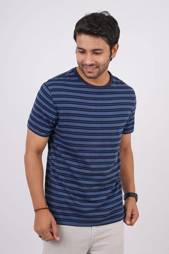 Men's Blue Striped Crew Neck T-Shirt