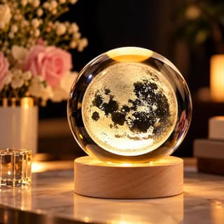 Desidiya Moon Crystal Ball Night Light, 3.5 Inch Glass Ball Night LED Lamp with Woodern Base,Decorations Gifts for Men,Women,Kids,Boys,Girls | Gifts for Woman | Valentine Gift for Girlfriends