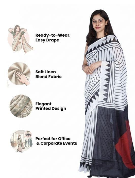 WOTM Noir Classic 1 Minute Saree for Women | Ready to Wear Pre-Pleated Saree | Linen Blend Readymade Saree with Unstitched Blouse | Casual & Office Wear Saree view 3