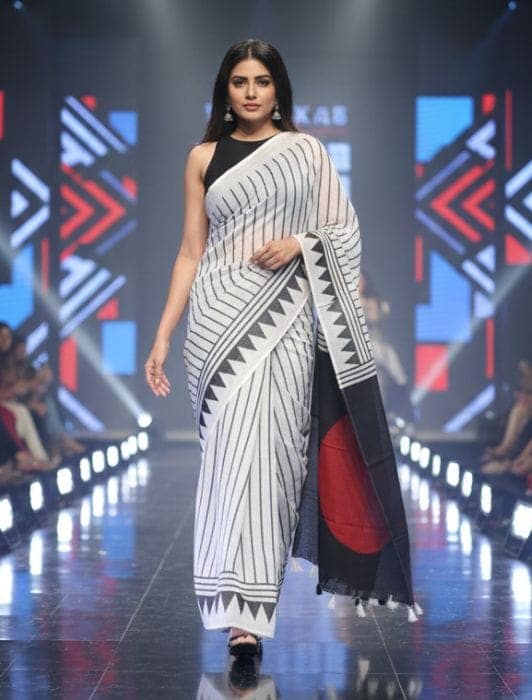 WOTM Noir Classic 1 Minute Saree for Women | Ready to Wear Pre-Pleated Saree | Linen Blend Readymade Saree with Unstitched Blouse | Casual & Office Wear Saree view 7