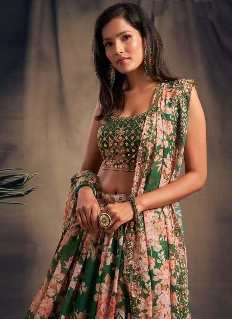 Green Wedding Wear Floral Print Embroidery Work Lehenga Choli view 2