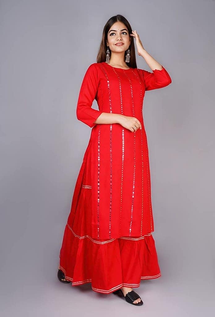 Buy & Try Women's Rayon Kurti with Sharara Set. Aari Work Kurta Sarara for Eid Festival Occasion. view 10