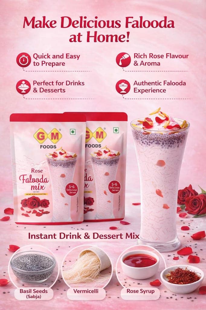 GM Foods Rose Falooda Mix 160g (Pack of 1) | Instant Drink & Dessert | Rich, Smooth & Creamy Texture | Delicious Indian Dessert & Refreshing Taste | Easy to Make | No Added Colours & Preservatives view 3