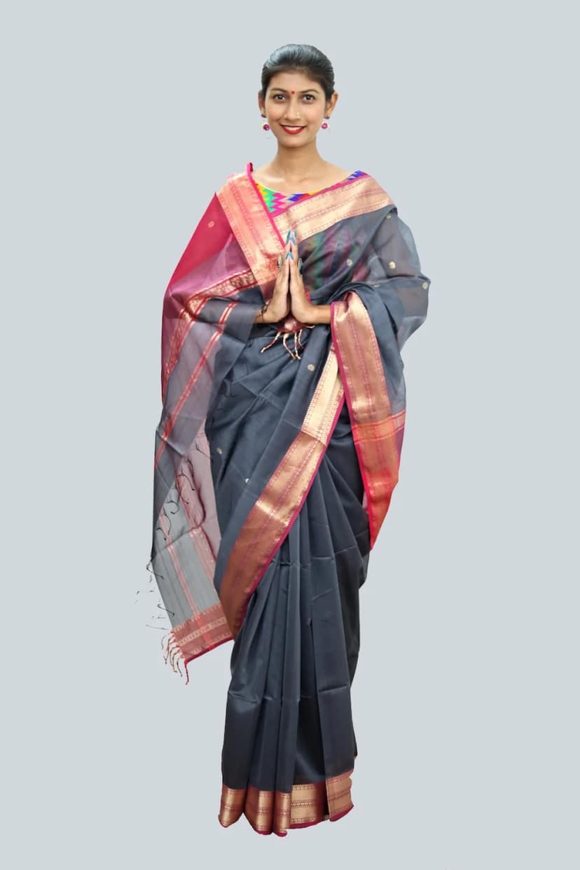 Gray Pink Broad Border handloom Saree with Tassels view 3