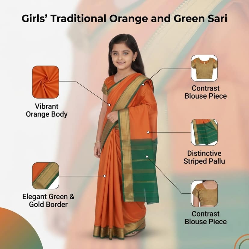 Mom and Me Girls Ethnic Saree - Belgaon Silk, Golden Zari Border view 3
