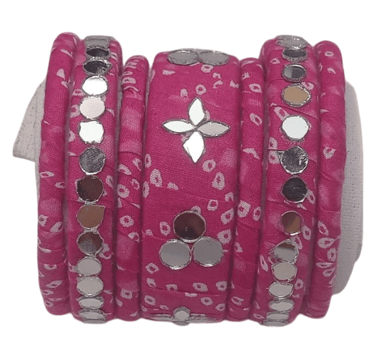 oxidised silver mirror work pink lac bangles