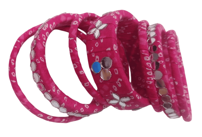 oxidised silver mirror work pink lac bangles view 3
