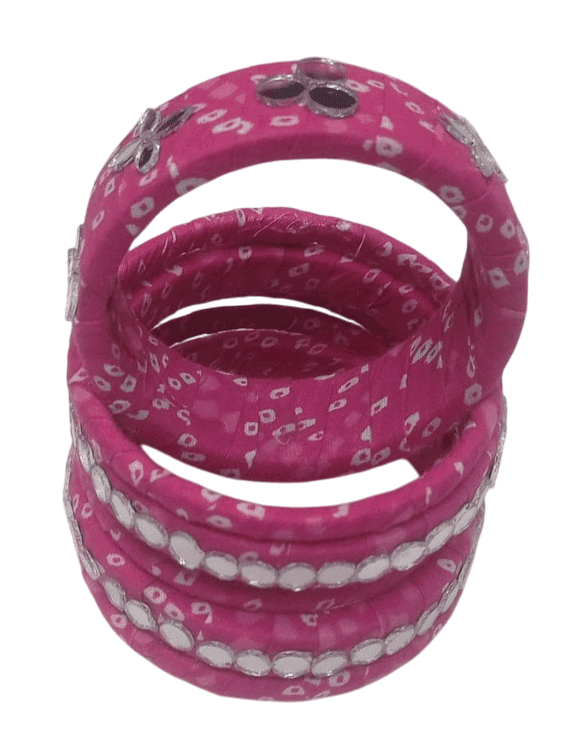 oxidised silver mirror work pink lac bangles view 4